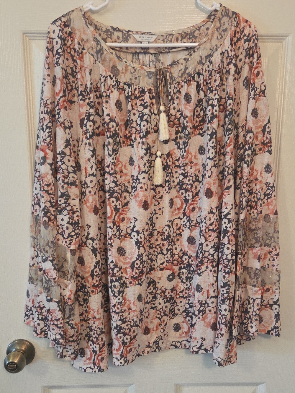 Lucky Brand Pink Multi Floral Tassel Peasant Blouse Size 3X